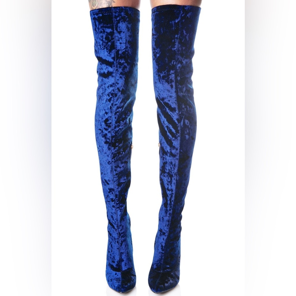 Elegant Velvet Round Toe Chunky Heel Over-the-knee Boots in Blue